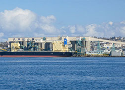 港頭サイロへ製品貯鉱し、船積機（石灰石用２基、セメント用１基）で船積出荷します。